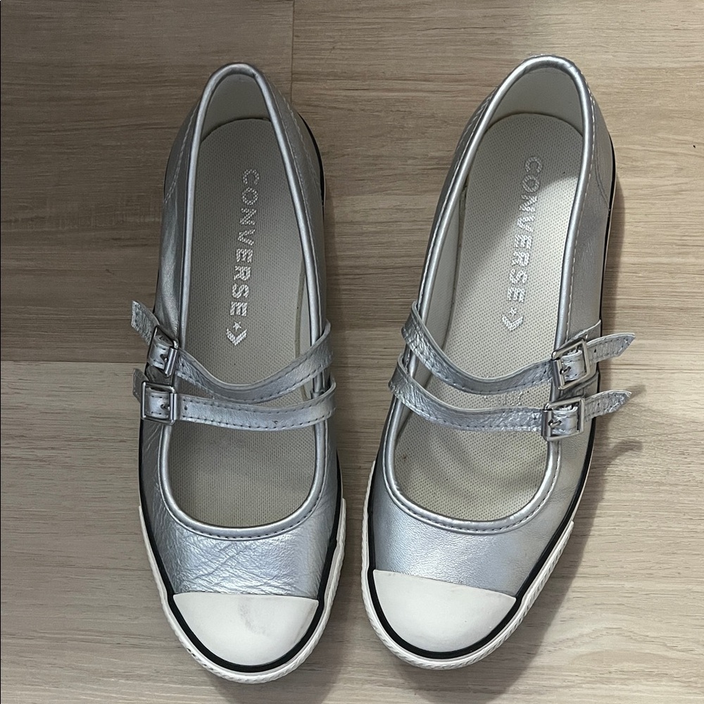 Converse Women's Metallic Silver Double Strap MaryJane Flats Size 7